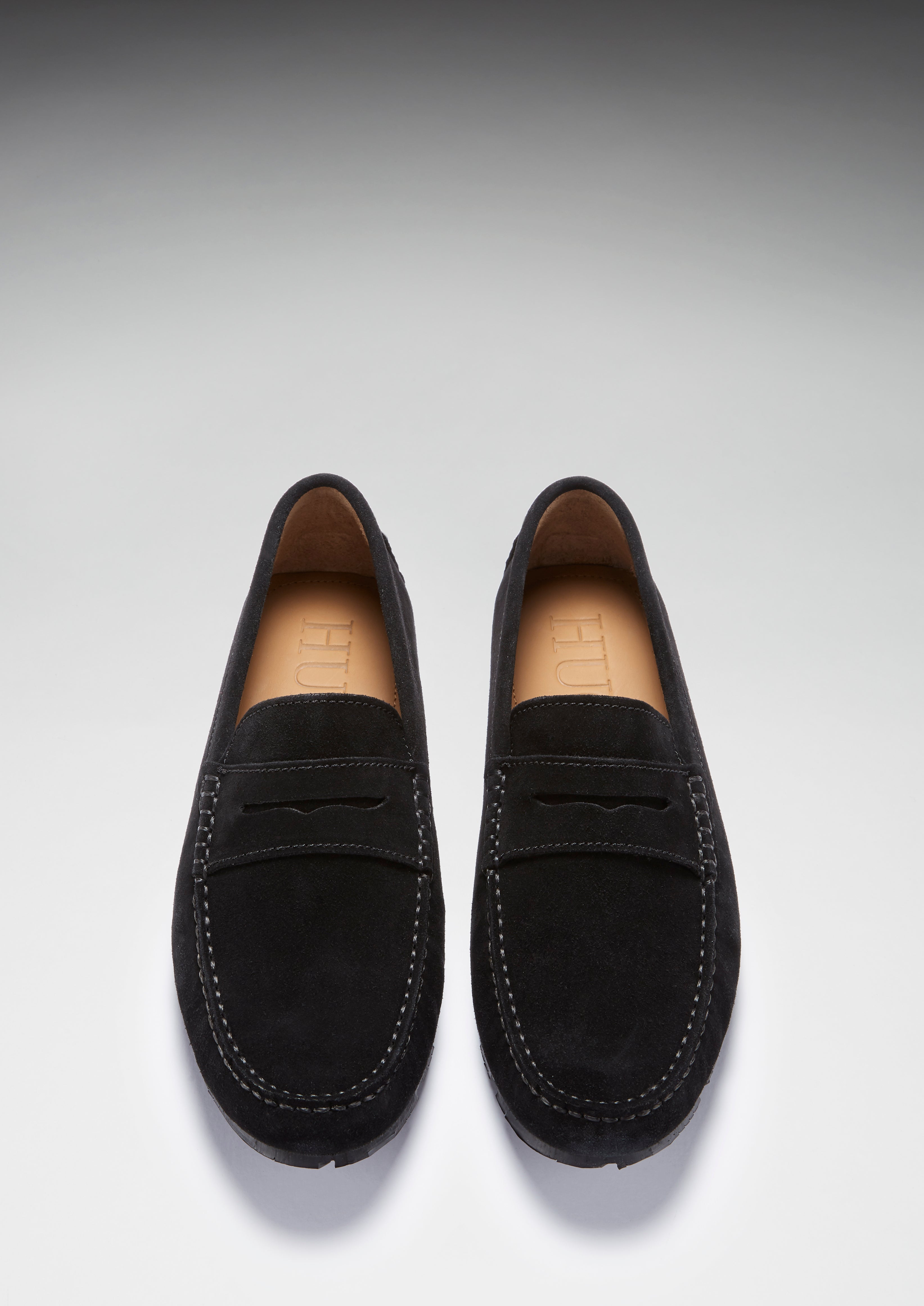 Hugs & Co Mens Tyre Sole Penny Driving Loafers Black Suede