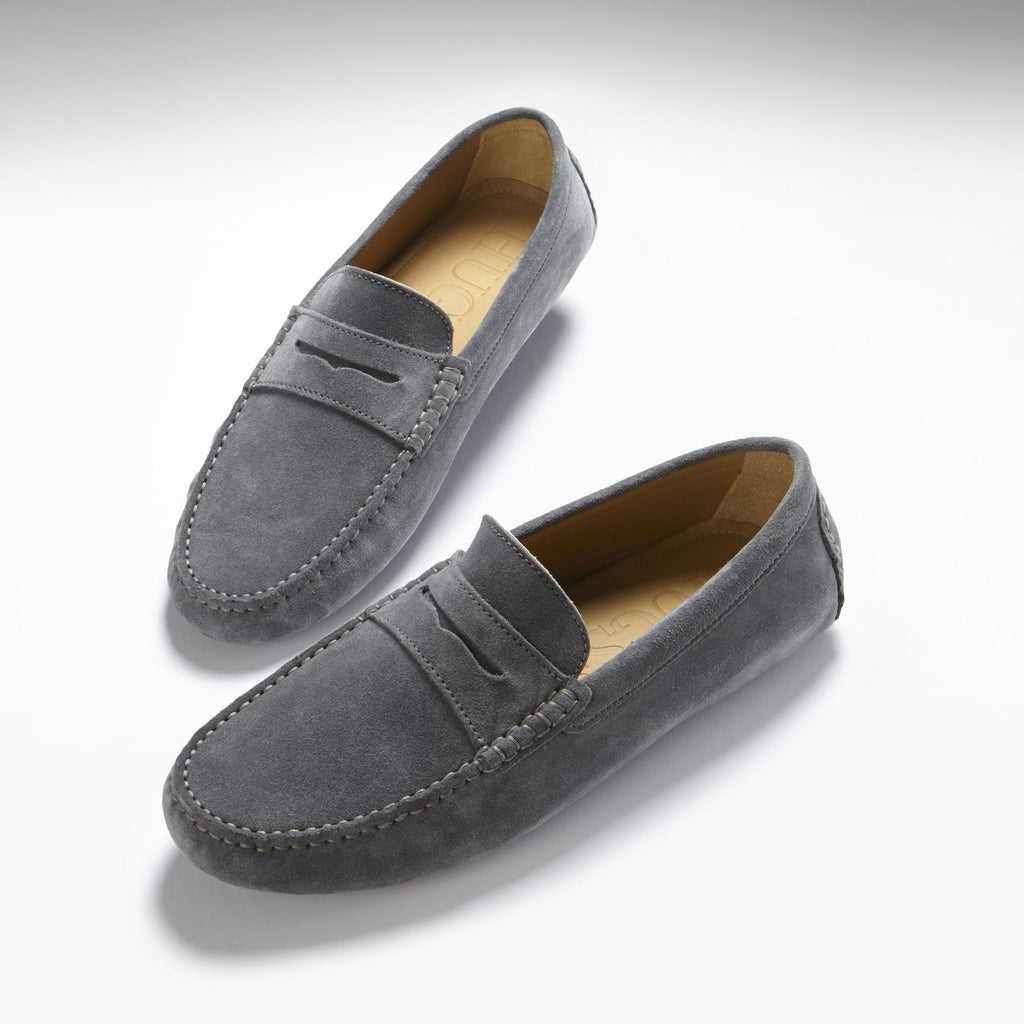 Hugs & Co Mens Penny Driving Loafers Slate Grey Suede