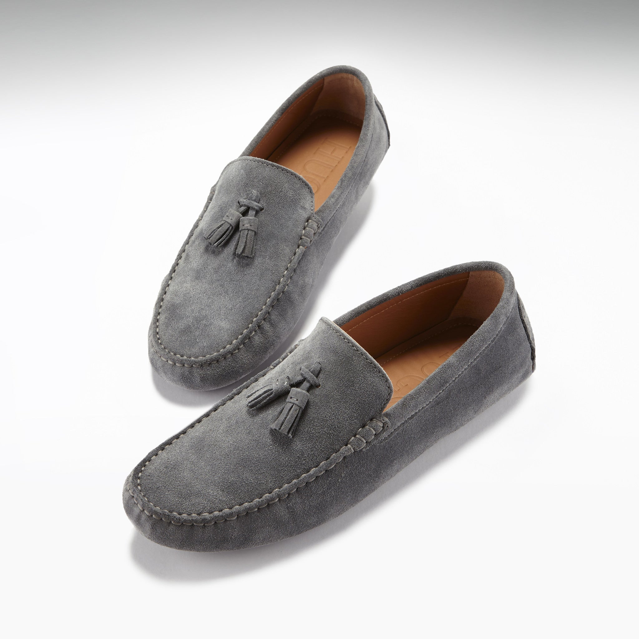 Hugs & Co Mens Tasselled Driving Loafers Slate Grey Suede
