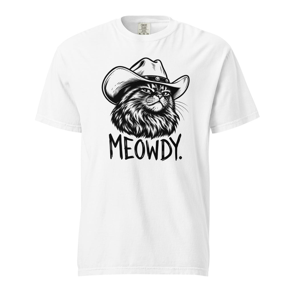 White T-shirt with a black-and-white hand-drawn cat wearing a cowboy hat above the word “MEOWDY.”