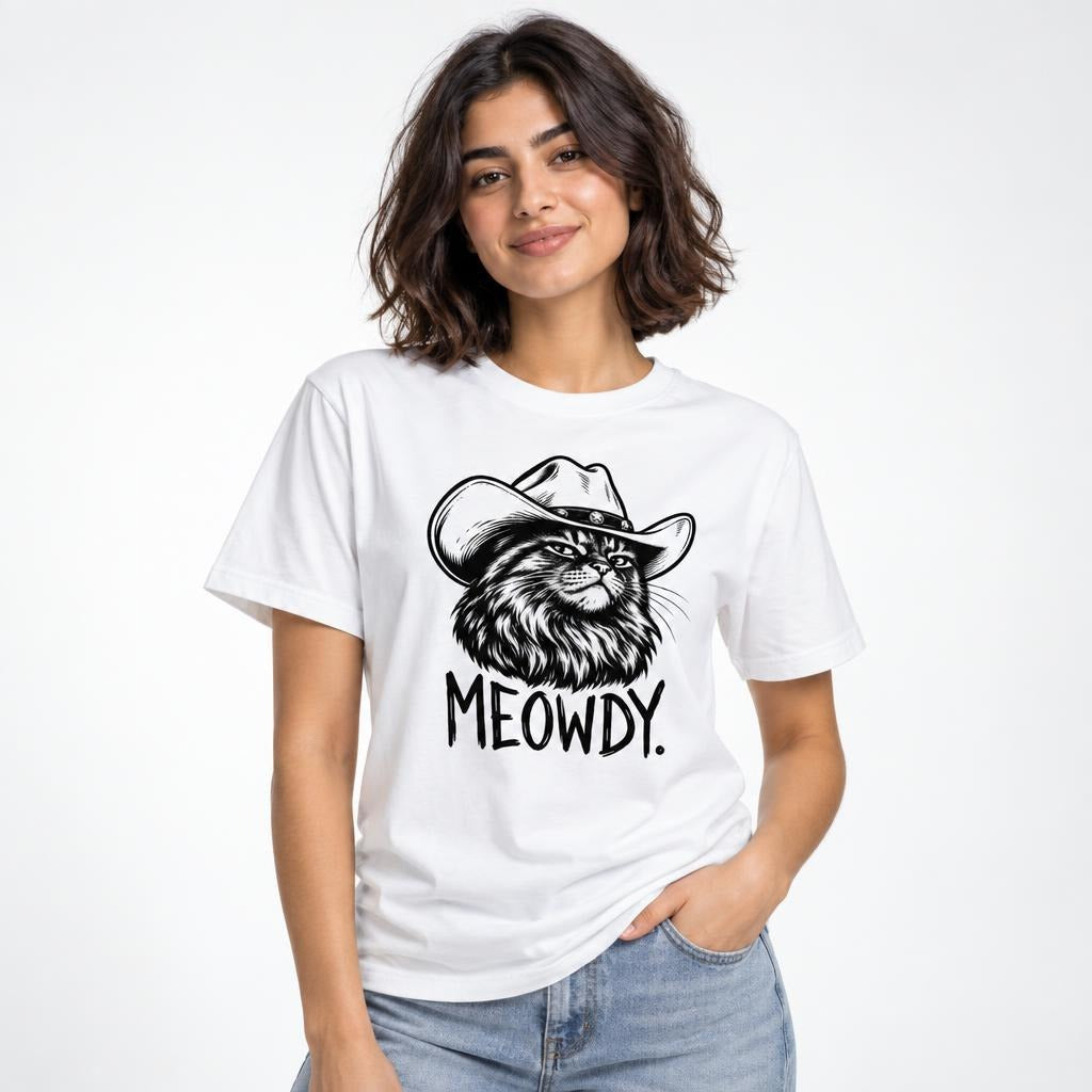 Model wearing a white T-shirt with a black-and-white cat in a cowboy hat and the word “MEOWDY.”