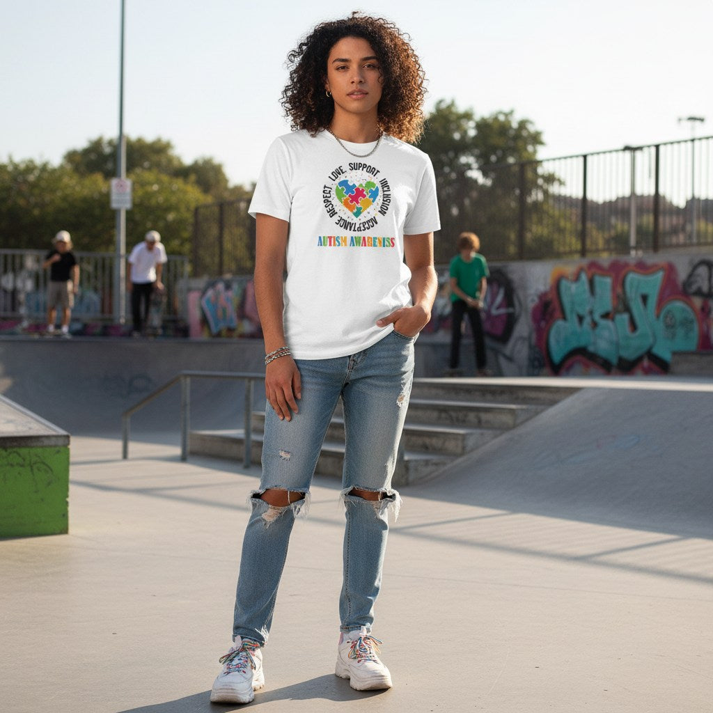 Middle Eastern non-binary person wearing a white autism awareness puzzle heart T-shirt in a streetwear style.