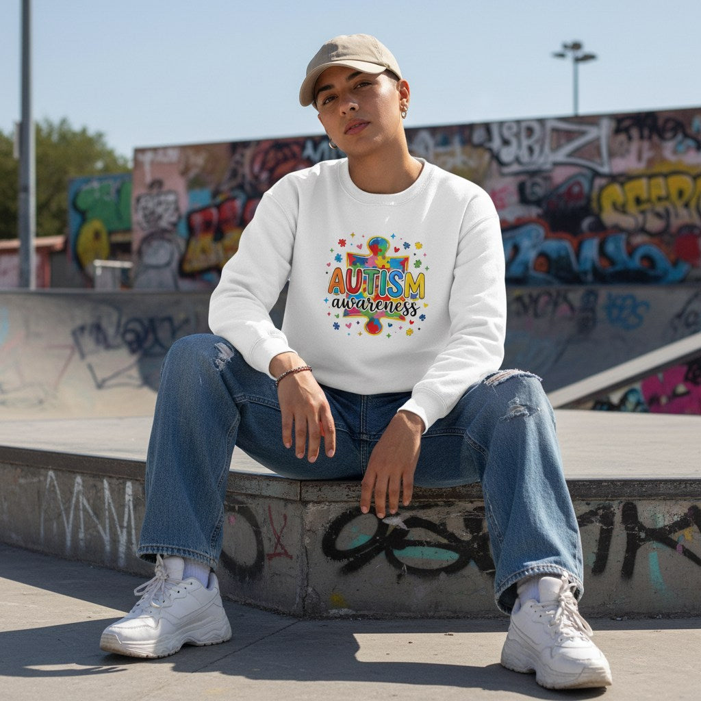 Middle Eastern non-binary person wearing a white autism awareness giant puzzle piece sweatshirt.