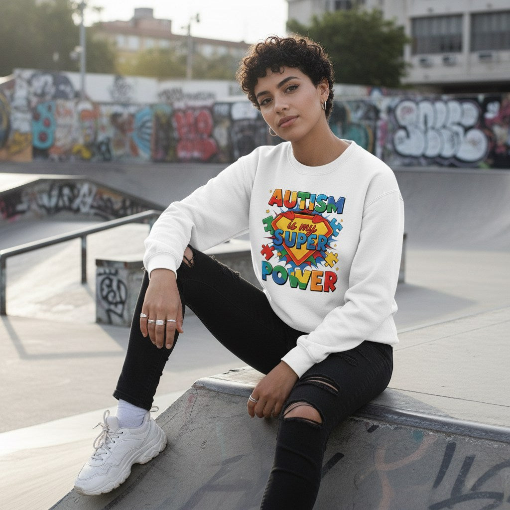 Middle Eastern non-binary person wearing a white autism is my superpower sweatshirt.