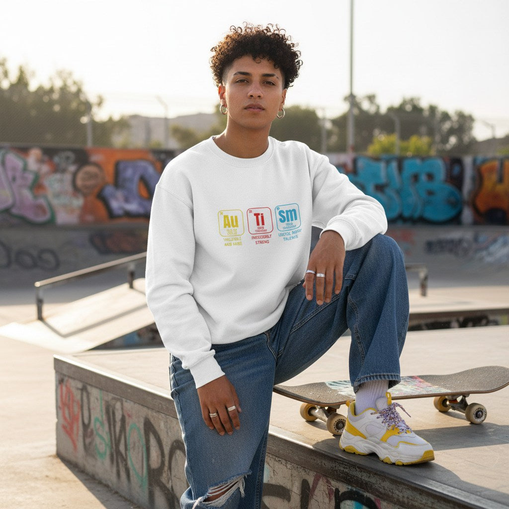 Middle Eastern non-binary person wearing a white autism periodic table sweatshirt.