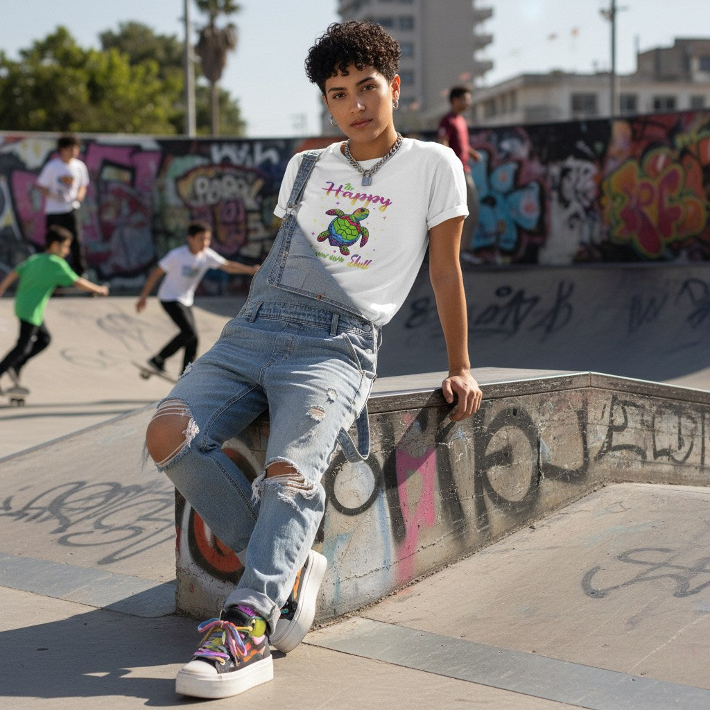 Middle Eastern non-binary person wearing a white be happy in your own shell t-shirt in a streetwear style.
