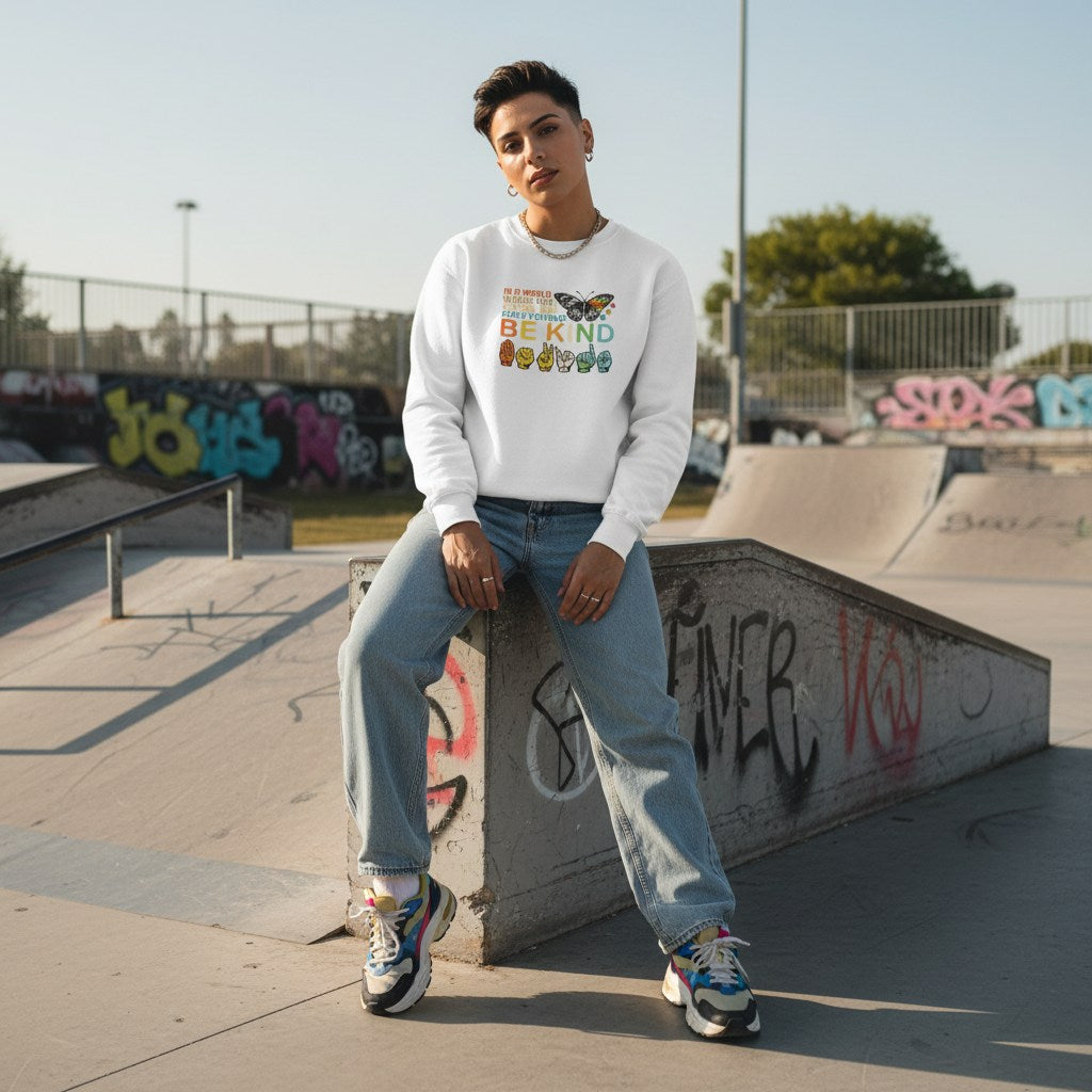 Middle Eastern non-binary person wearing a white Be Kind butterfly ASL autism awareness sweatshirt.
