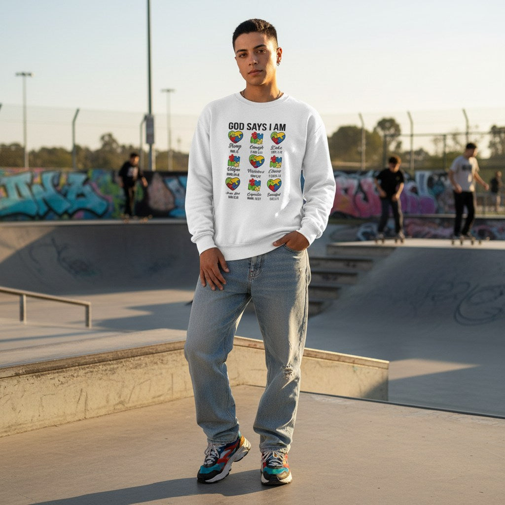 Middle Eastern non-binary person wearing a white "God Says I Am" autism awareness sweatshirt with puzzle hearts.