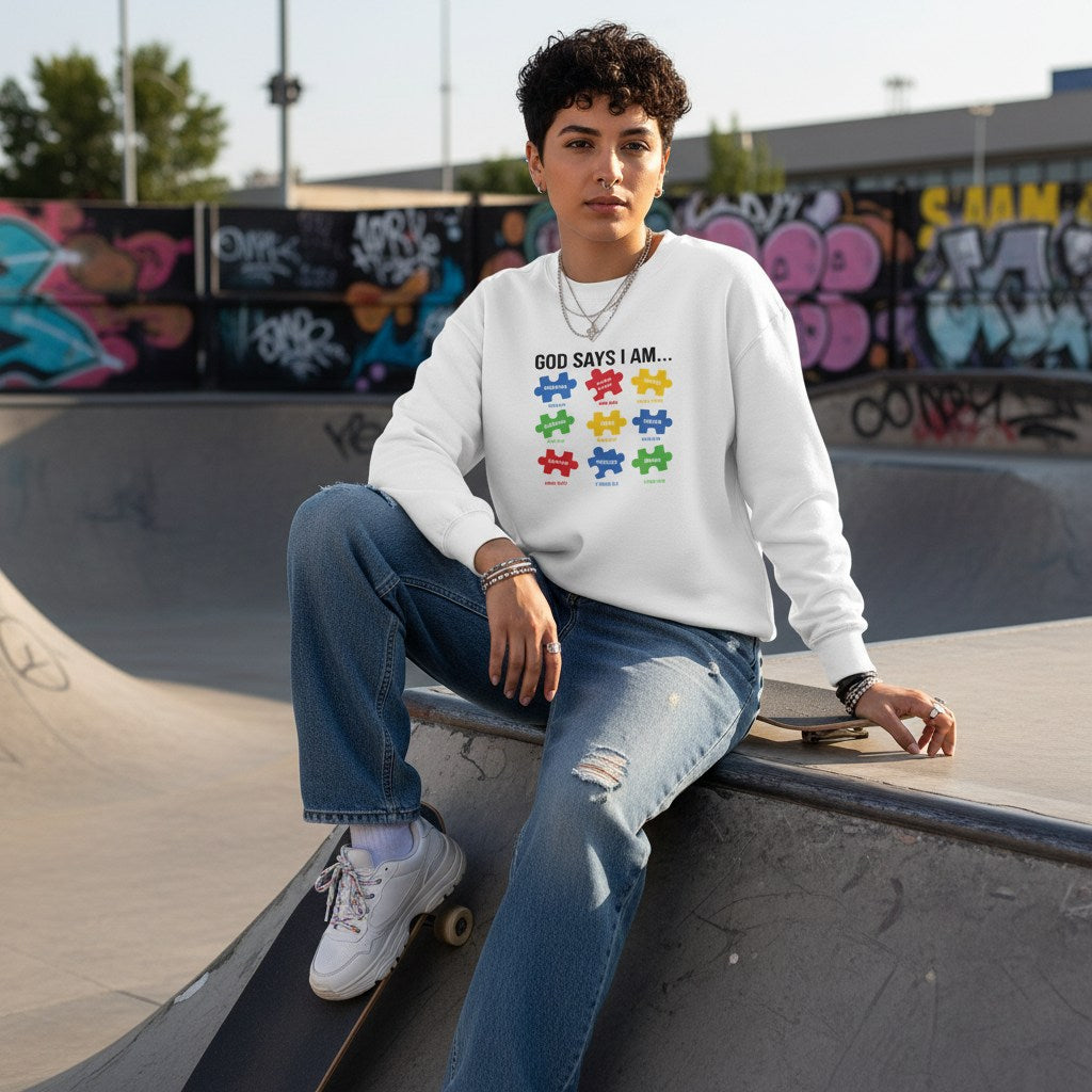 Middle Eastern non-binary person wearing a white God Says I Am autism affirmations sweatshirt.