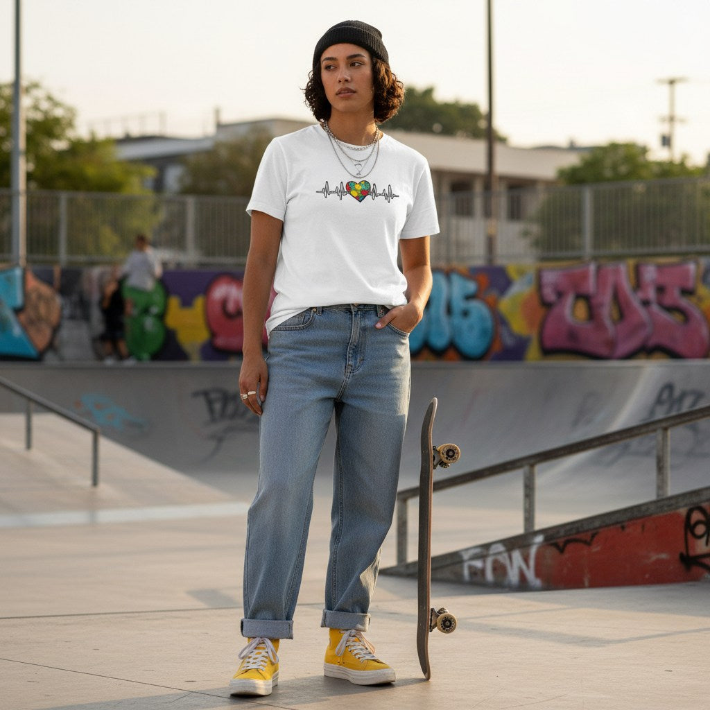 Middle Eastern non-binary person wearing a white autism awareness t-shirt.