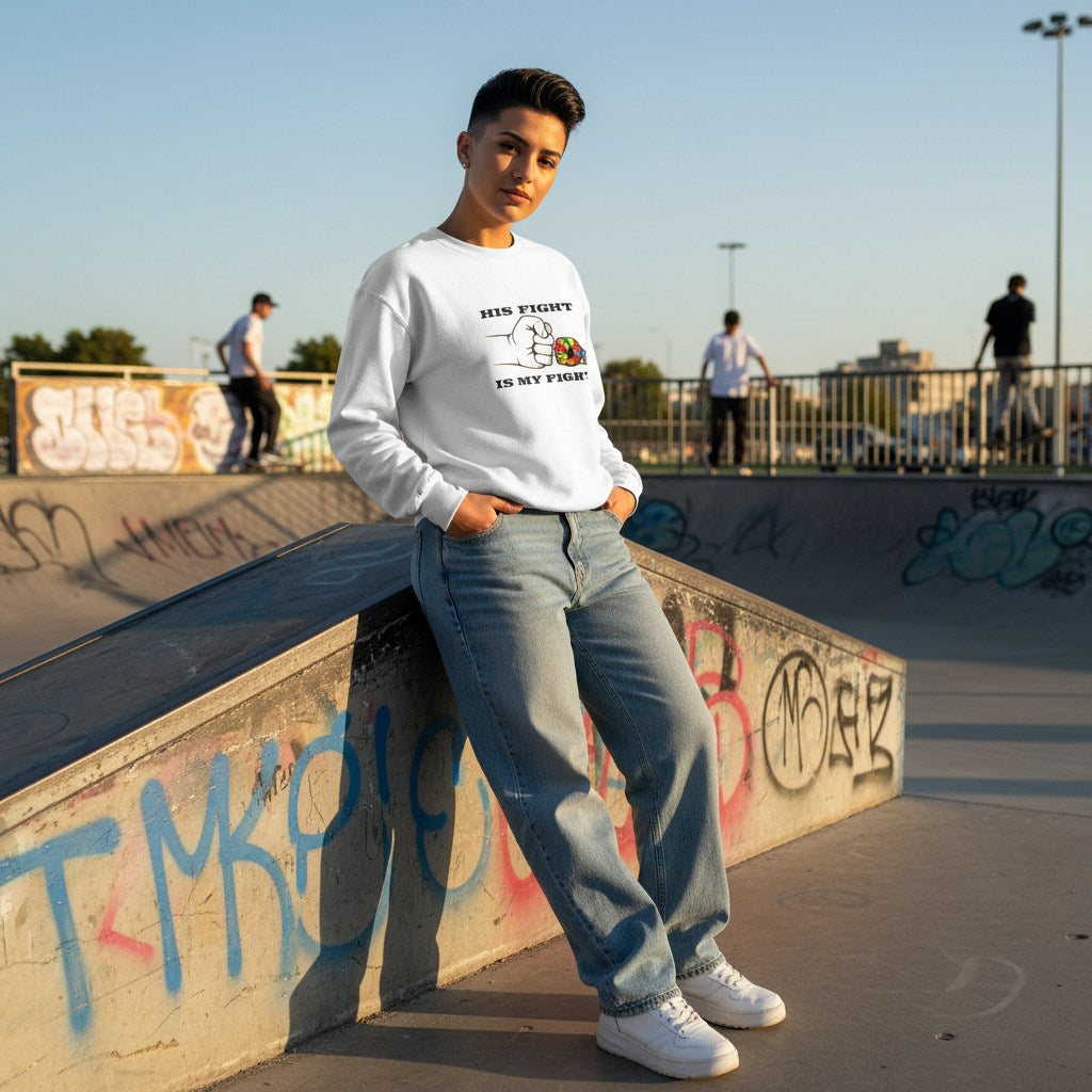 Middle Eastern non-binary person wearing a white his fight is my fight autism awareness sweatshirt.