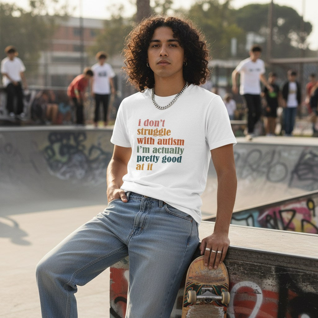 Middle Eastern non-binary person wearing a white autism awareness t-shirt in a streetwear style.