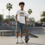 Middle Eastern non-binary person wearing a white autism awareness t-shirt in a streetwear style.