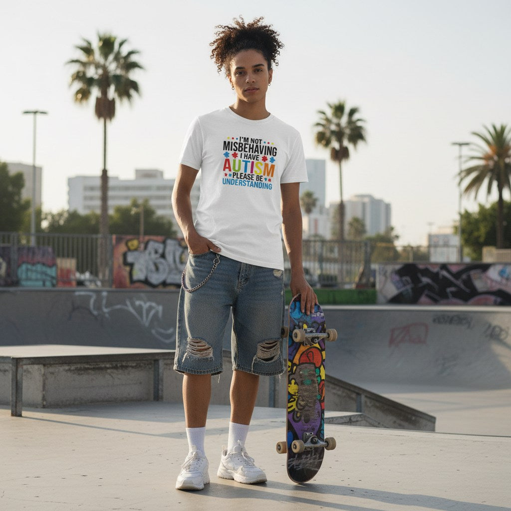 Middle Eastern non-binary person wearing a white autism awareness t-shirt in a streetwear style.