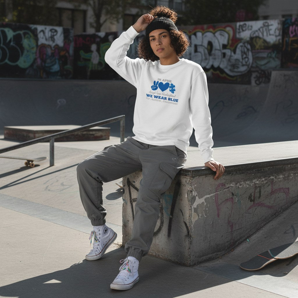 Middle Eastern non-binary person wearing a white "In April We Wear Blue" autism awareness sweatshirt.