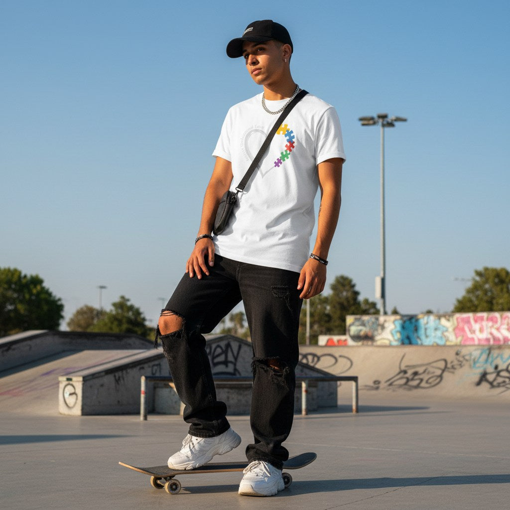 Middle Eastern non-binary person wearing a white puzzle piece heart outline t-shirt in a streetwear style.