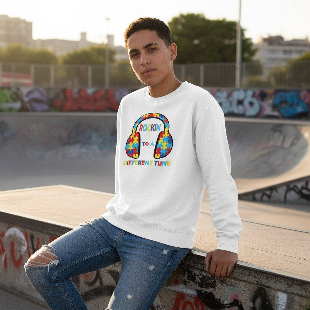 Middle Eastern non-binary person wearing a white rockin to a different tune sweatshirt.