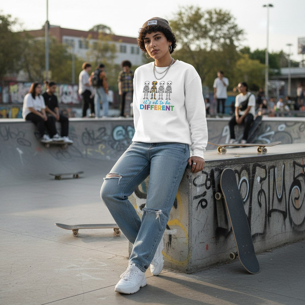 Middle Eastern non-binary person wearing a white autism skeleton puzzle sweatshirt.