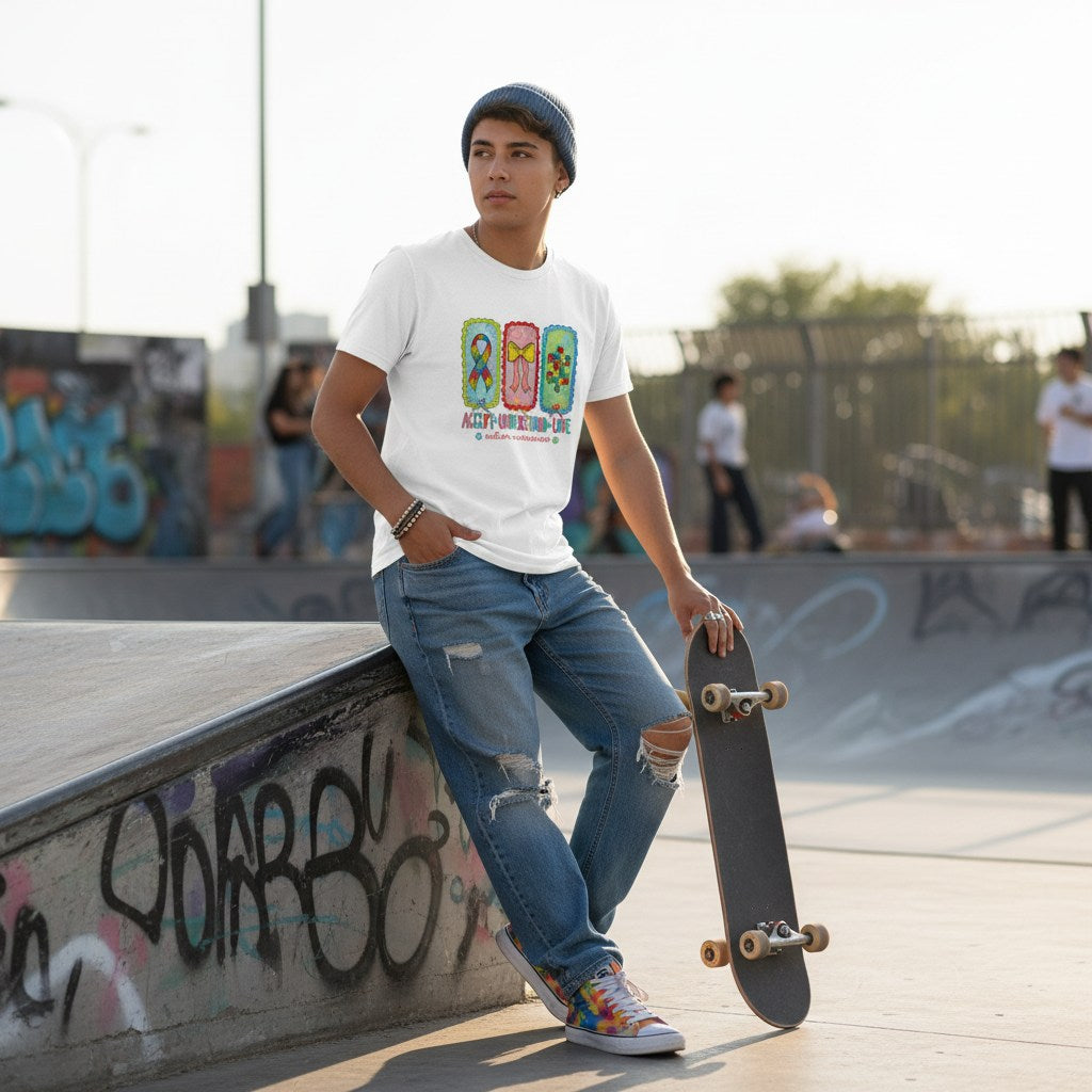 Middle Eastern non-binary person wearing a white autism awareness t-shirt in a streetwear style.