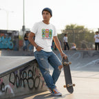 Middle Eastern non-binary person wearing a white autism awareness t-shirt in a streetwear style.