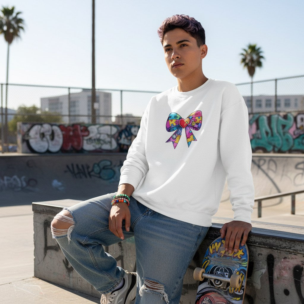 Middle Eastern non-binary person wearing a white autism awareness puzzle bow sweatshirt in a streetwear style.