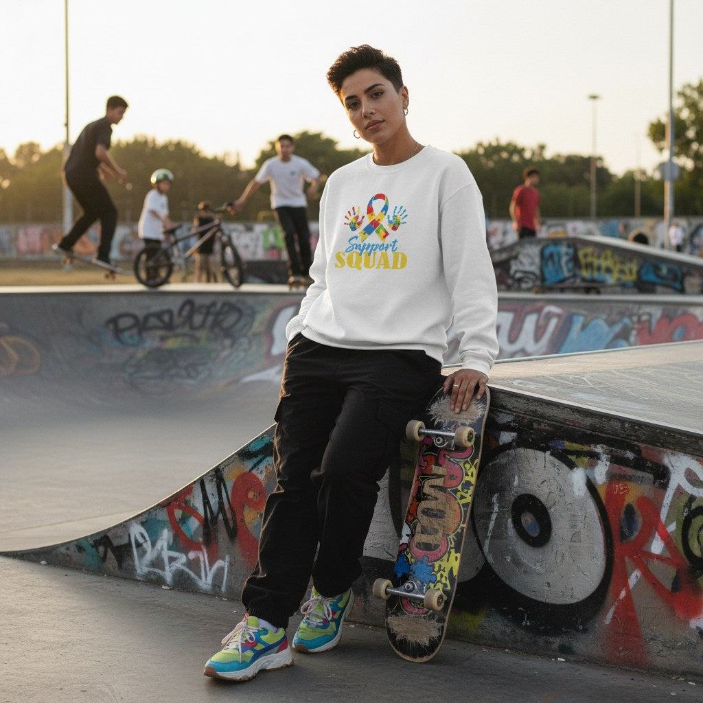 Middle Eastern non-binary person wearing a white autism support squad sweatshirt in a streetwear style.