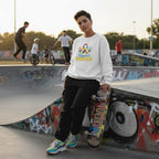 Middle Eastern non-binary person wearing a white autism support squad sweatshirt in a streetwear style.
