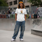 Middle Eastern non-binary person wearing a white support squad autism awareness t-shirt in a streetwear style.