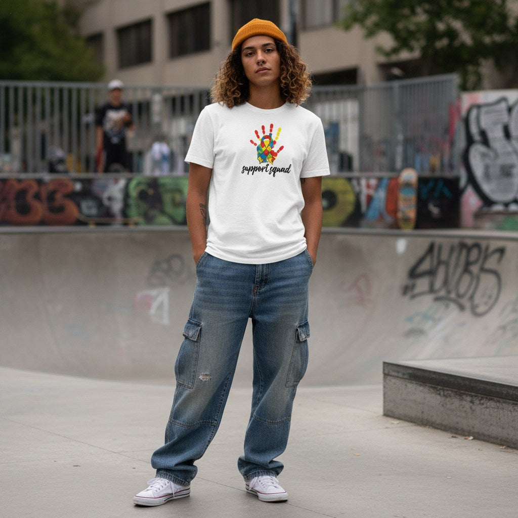 Middle Eastern non-binary person wearing a white support squad autism awareness t-shirt in a streetwear style.