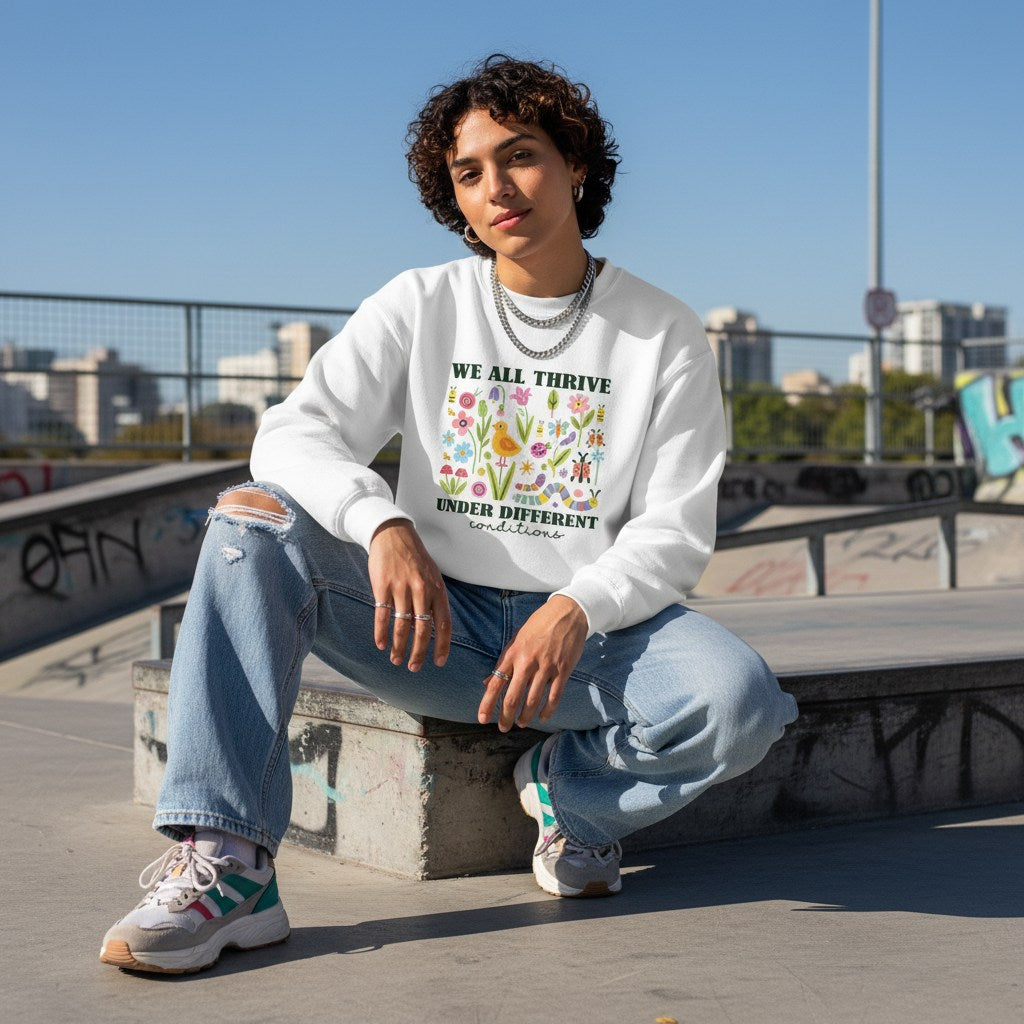 Middle Eastern non-binary person wearing a white autism awareness sweatshirt.