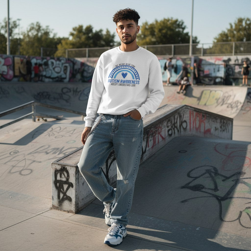Middle Eastern non-binary person wearing a white autism awareness sweatshirt.