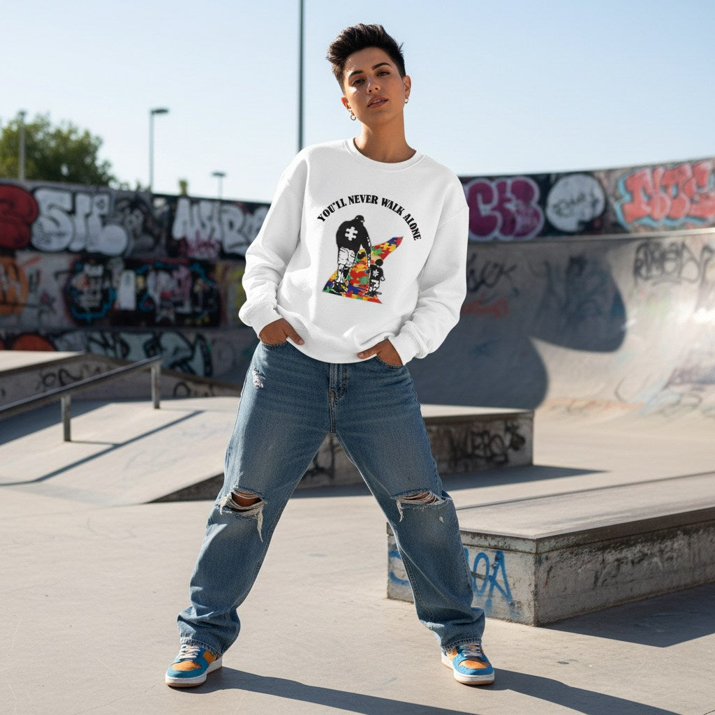 Middle Eastern non-binary person wearing a white autism awareness sweatshirt.