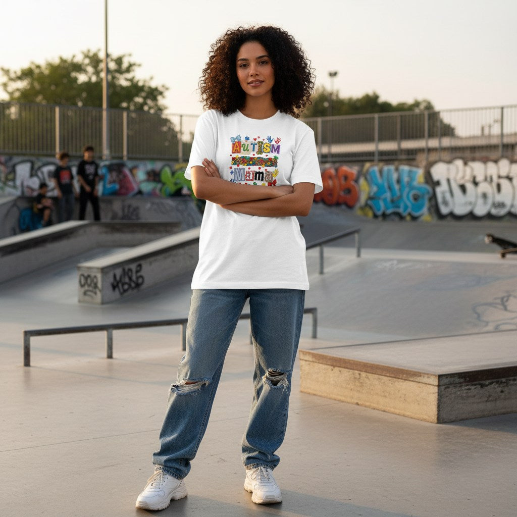 Middle Eastern woman wearing a white autism mama collage T-shirt.