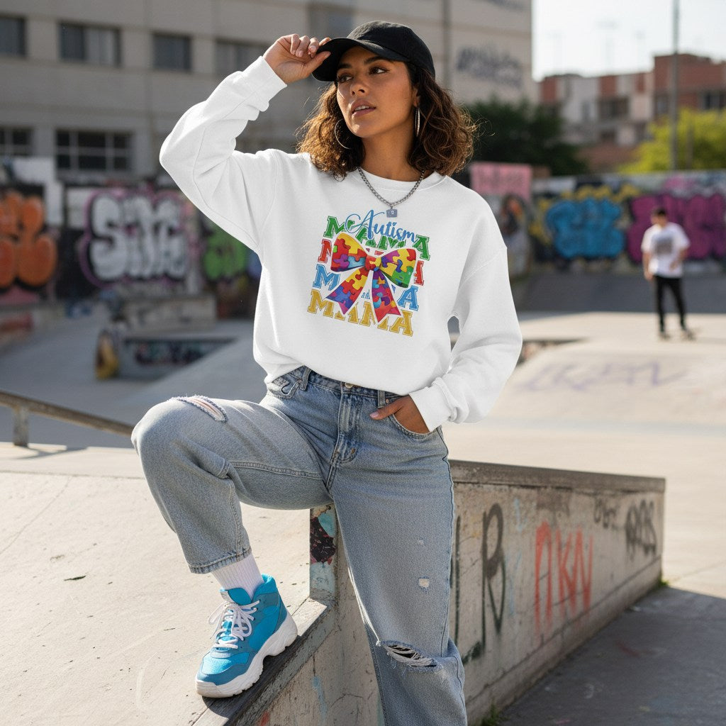 Middle Eastern woman wearing a white autism mama sweatshirt.