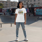 Middle Eastern woman wearing a white Autism Mama t-shirt.