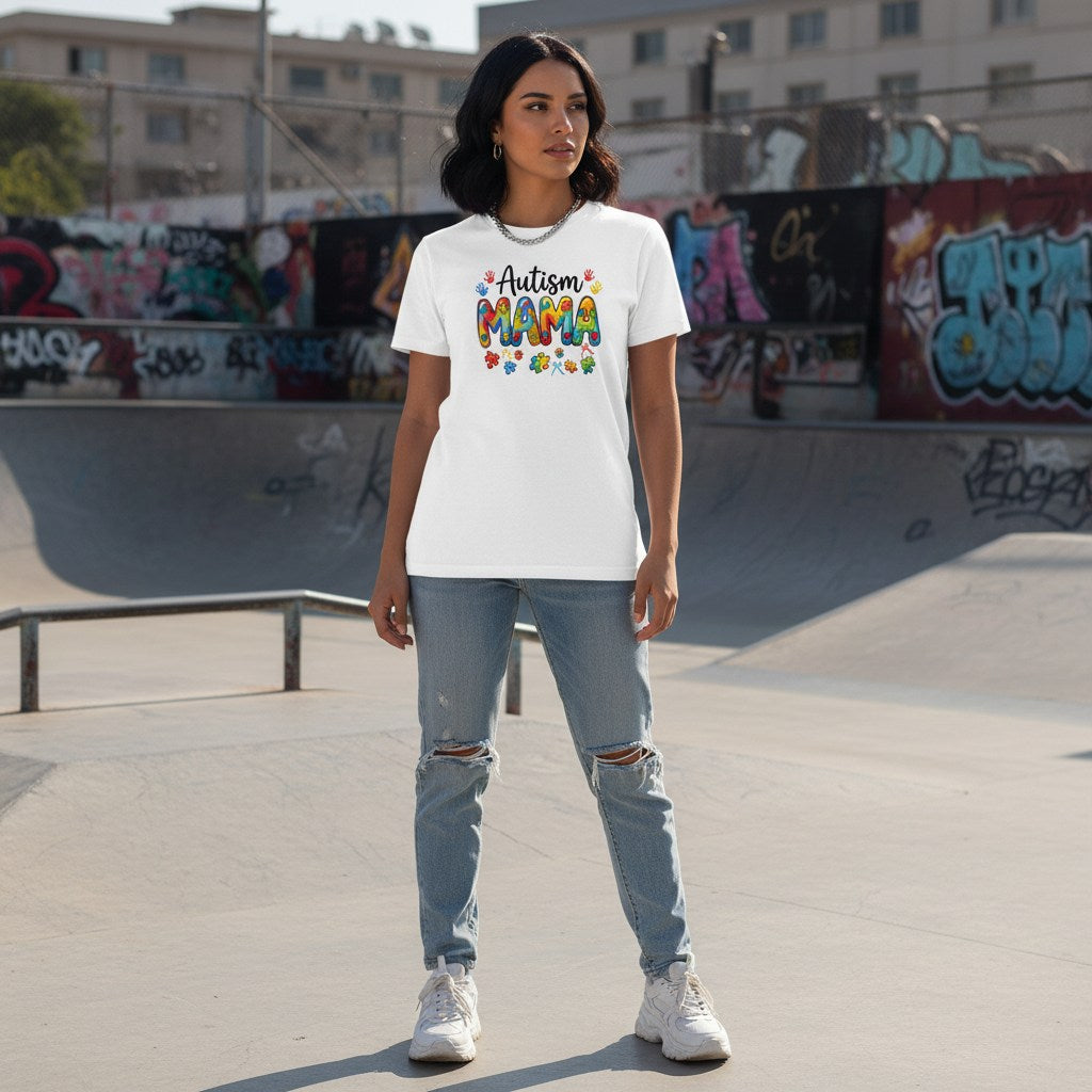 Middle Eastern woman wearing a white Autism Mama t-shirt.