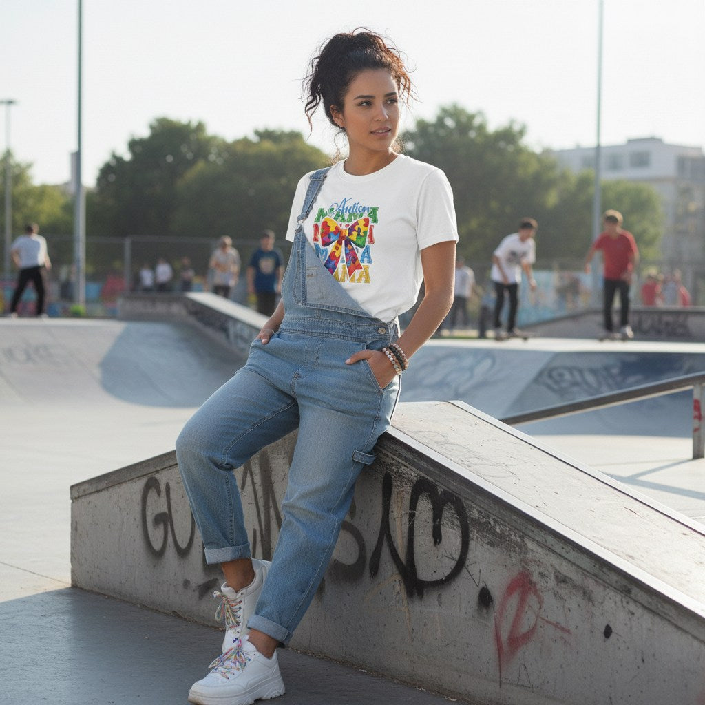 Middle Eastern woman wearing a white Autism Mama t-shirt in a streetwear style.