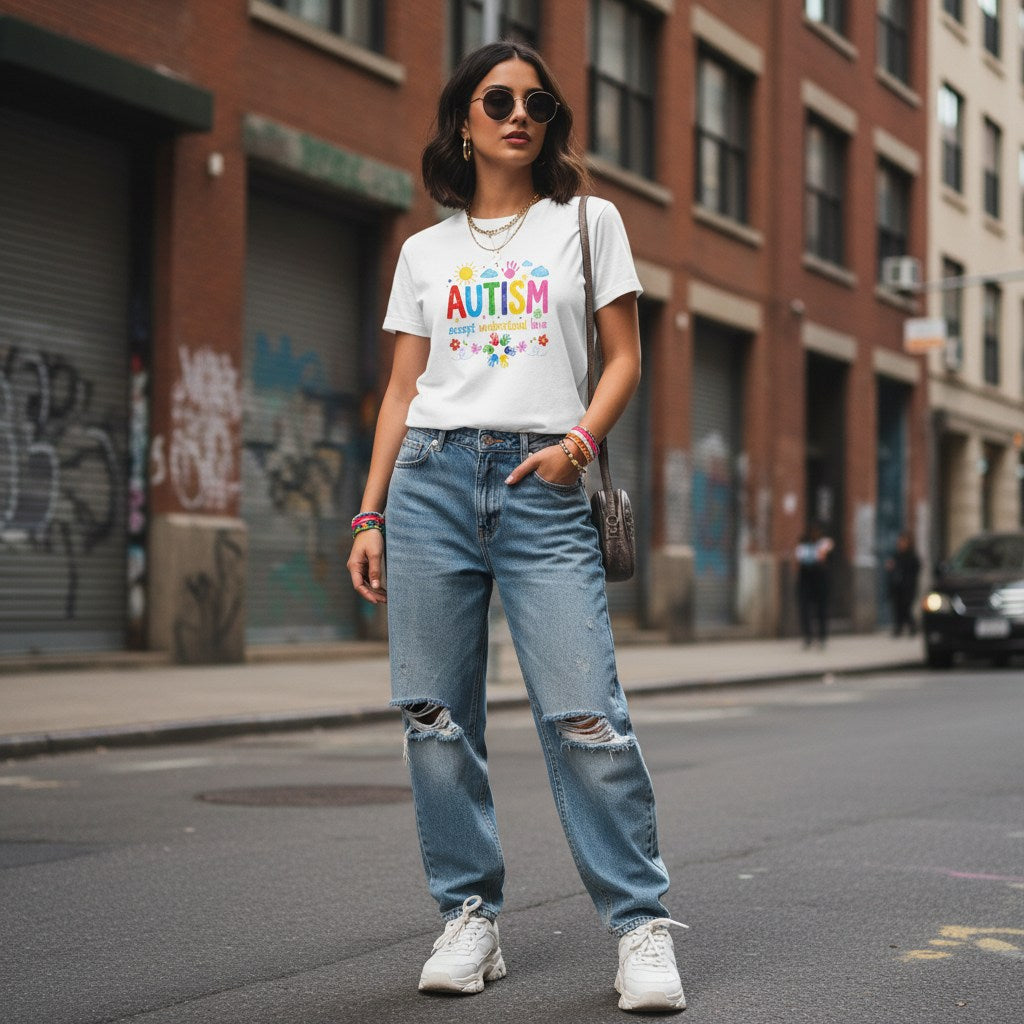Middle Eastern woman wearing a white autism awareness T-shirt in a streetwear style.