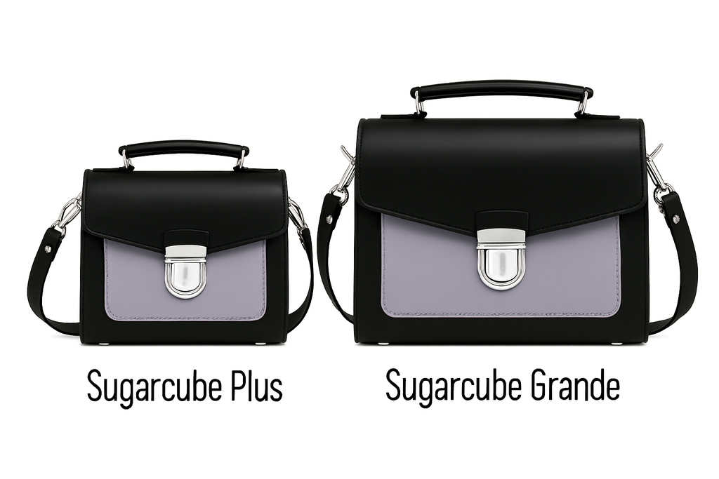 Zatchels Mocha Mauve Sugarcube handbag size guide view
