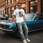 Model leaning on a vintage car outdoors
