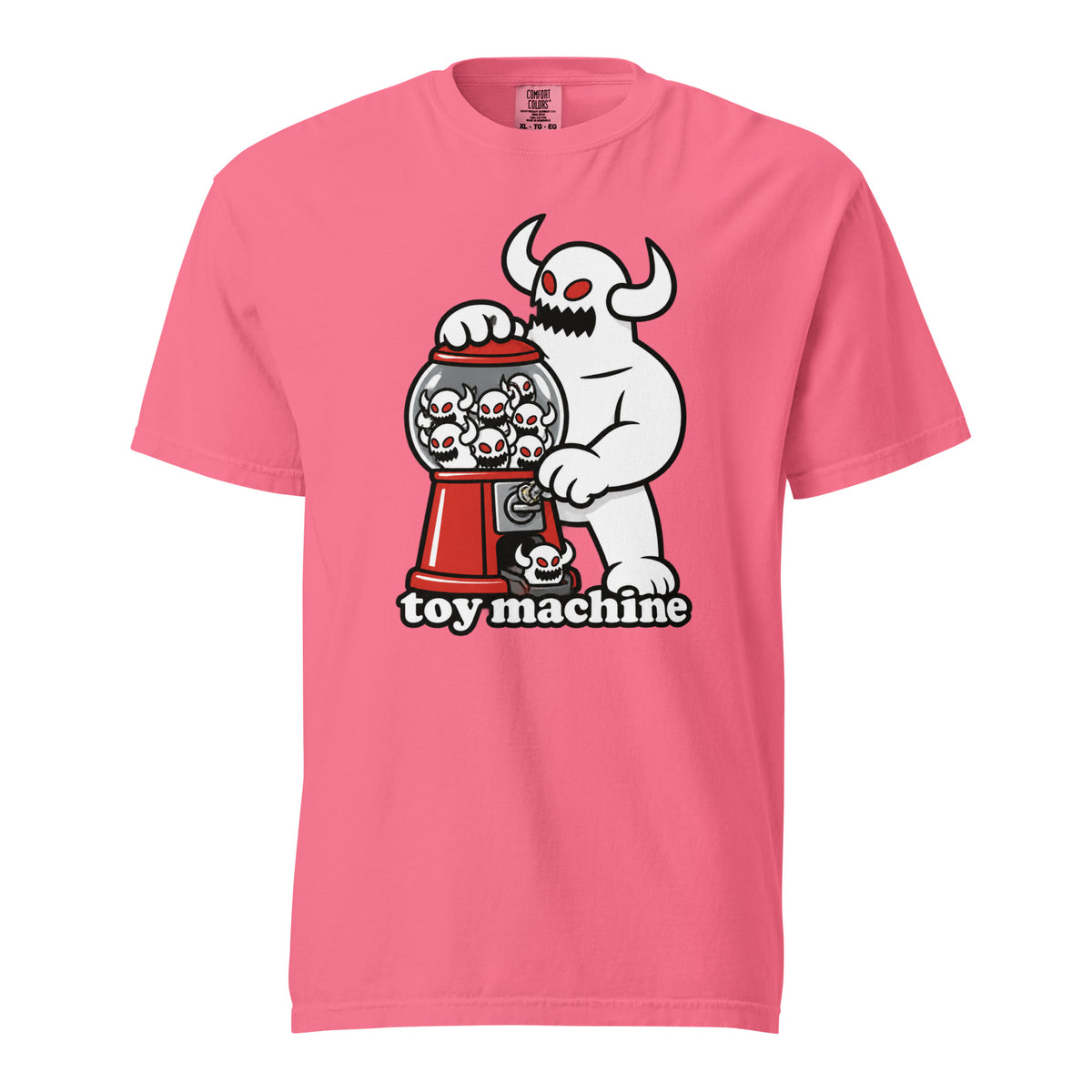 Front view of a Crunchberry T-shirt featuring a horned white monster with red eyes operating a skull-filled red gumball machine.