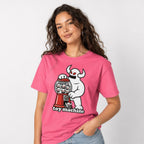 Front view of a Crunchberry T-shirt featuring a horned white monster operating a skull-filled red gumball machine.