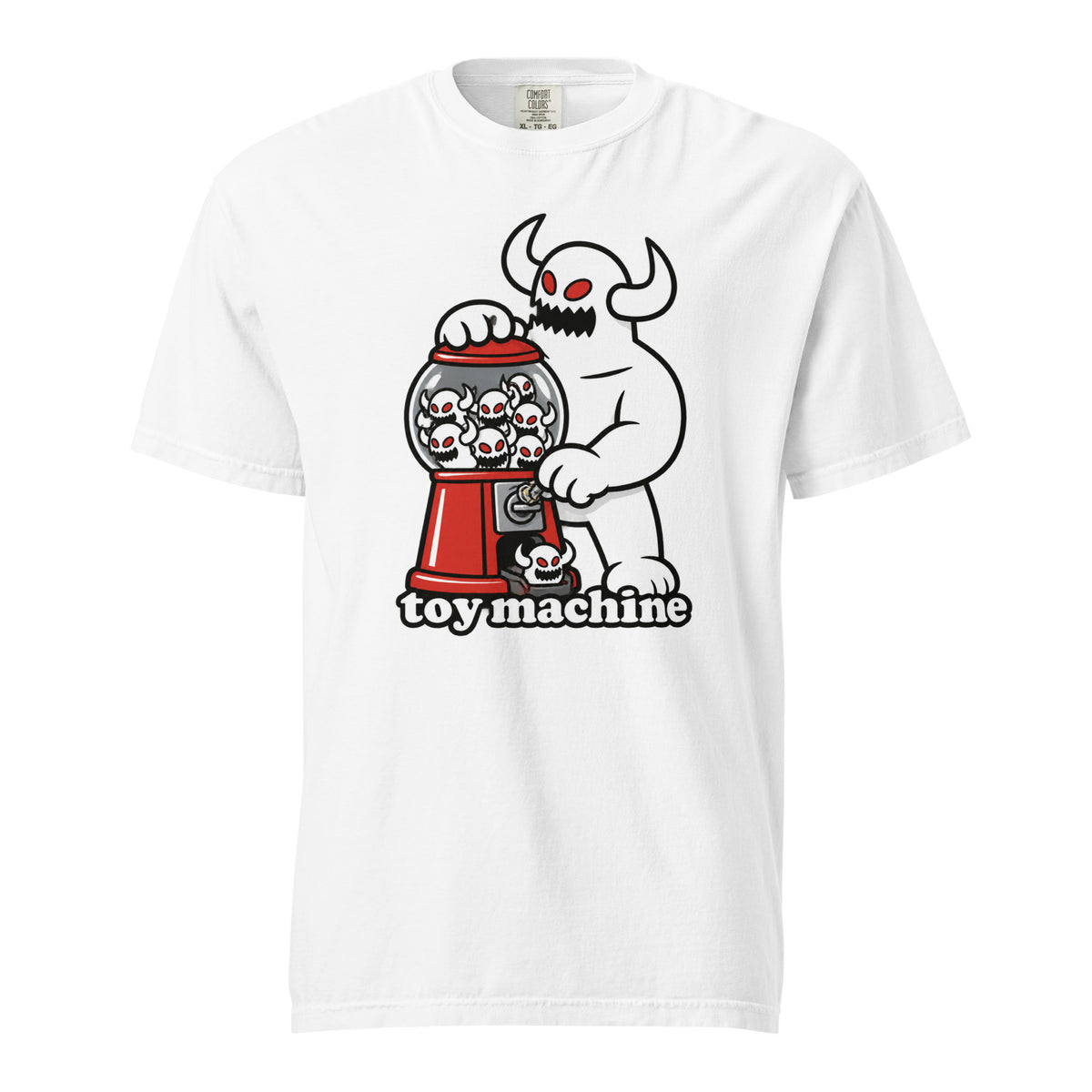 White T-shirt featuring a horned monster with red eyes operating a red gumball machine filled with miniature skulls.