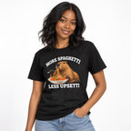 Model wearing a black T-shirt with a capybara eating spaghetti, framed by the text “MORE SPAGHETTI LESS UPSETTI.”