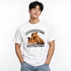 Front view of a person wearing a white T-shirt with a capybara eating spaghetti from a bowl, framed by “MORE SPAGHETTI” and “LESS UPSETTI” text.
