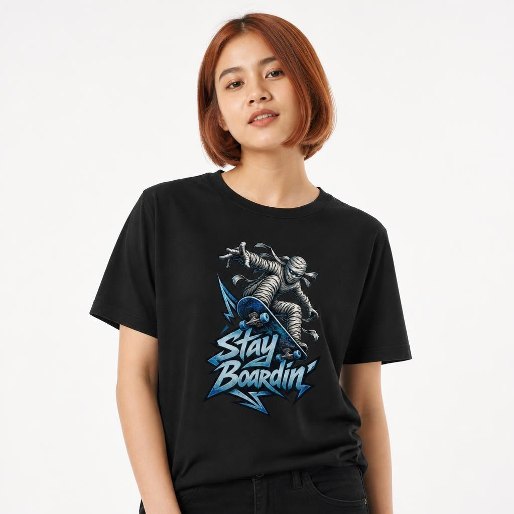 Model wearing a Black T-Shirt featuring a bandage-wrapped mummy riding a blue skateboard above bold “STAY BOARDIN’” lettering.