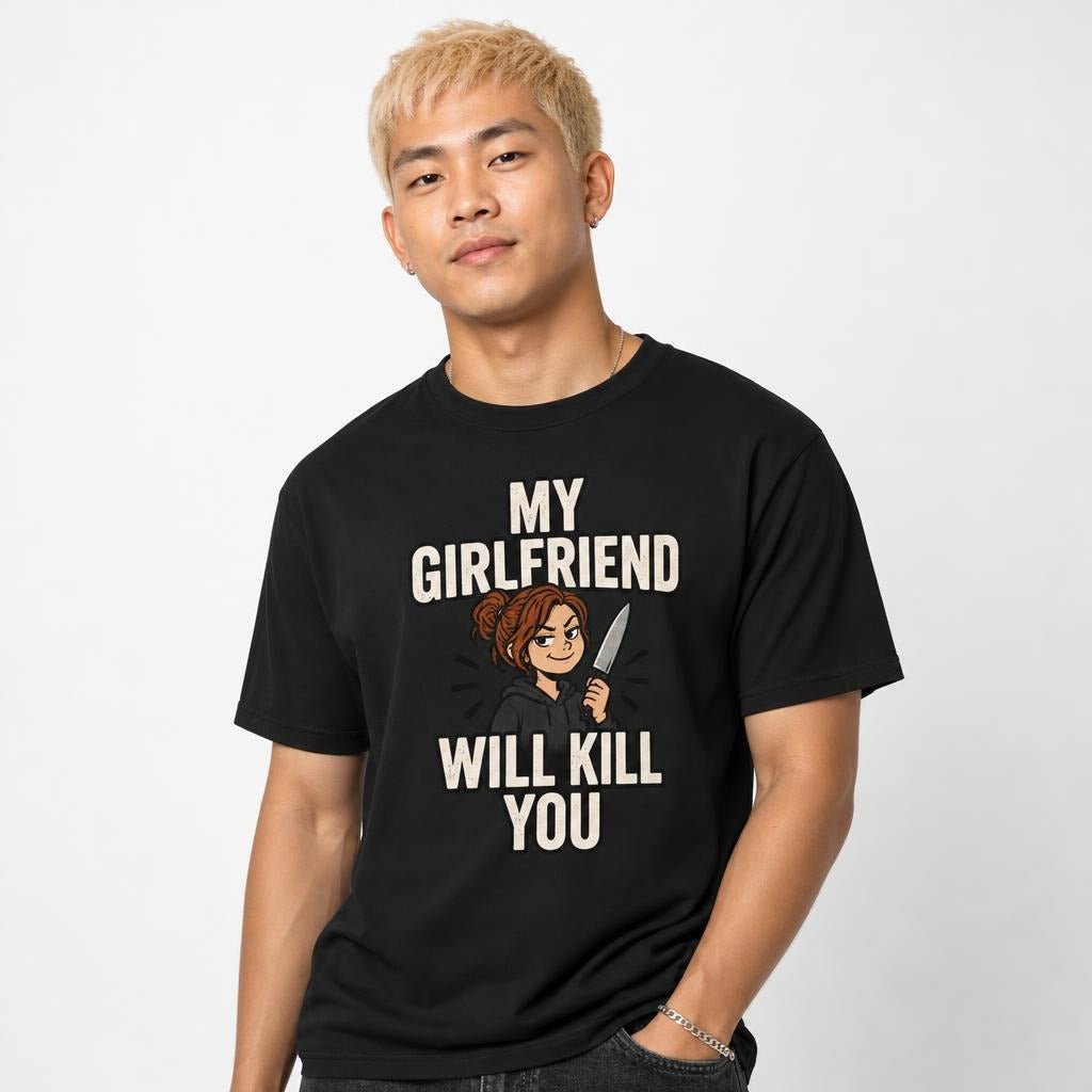 Model wearing a black T-shirt with distressed “MY GIRLFRIEND WILL KILL YOU” text and a woman holding a knife.