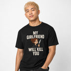 Model wearing a black T-shirt with distressed “MY GIRLFRIEND WILL KILL YOU” text and a woman holding a knife.