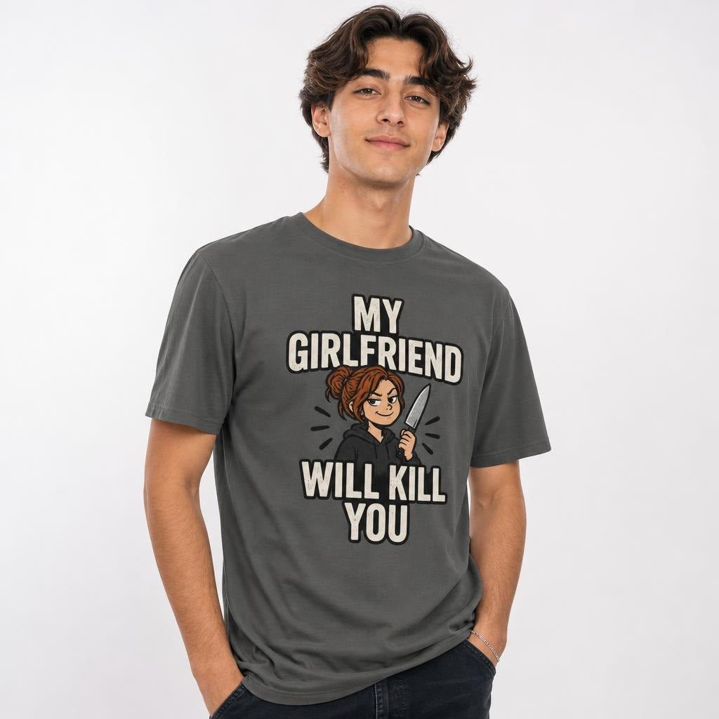 Front view of a model wearing a Pepper T-shirt with distressed “MY GIRLFRIEND WILL KILL YOU” text and a woman holding a knife.