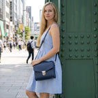 Zatchels Navy Sugarcube handbag model view